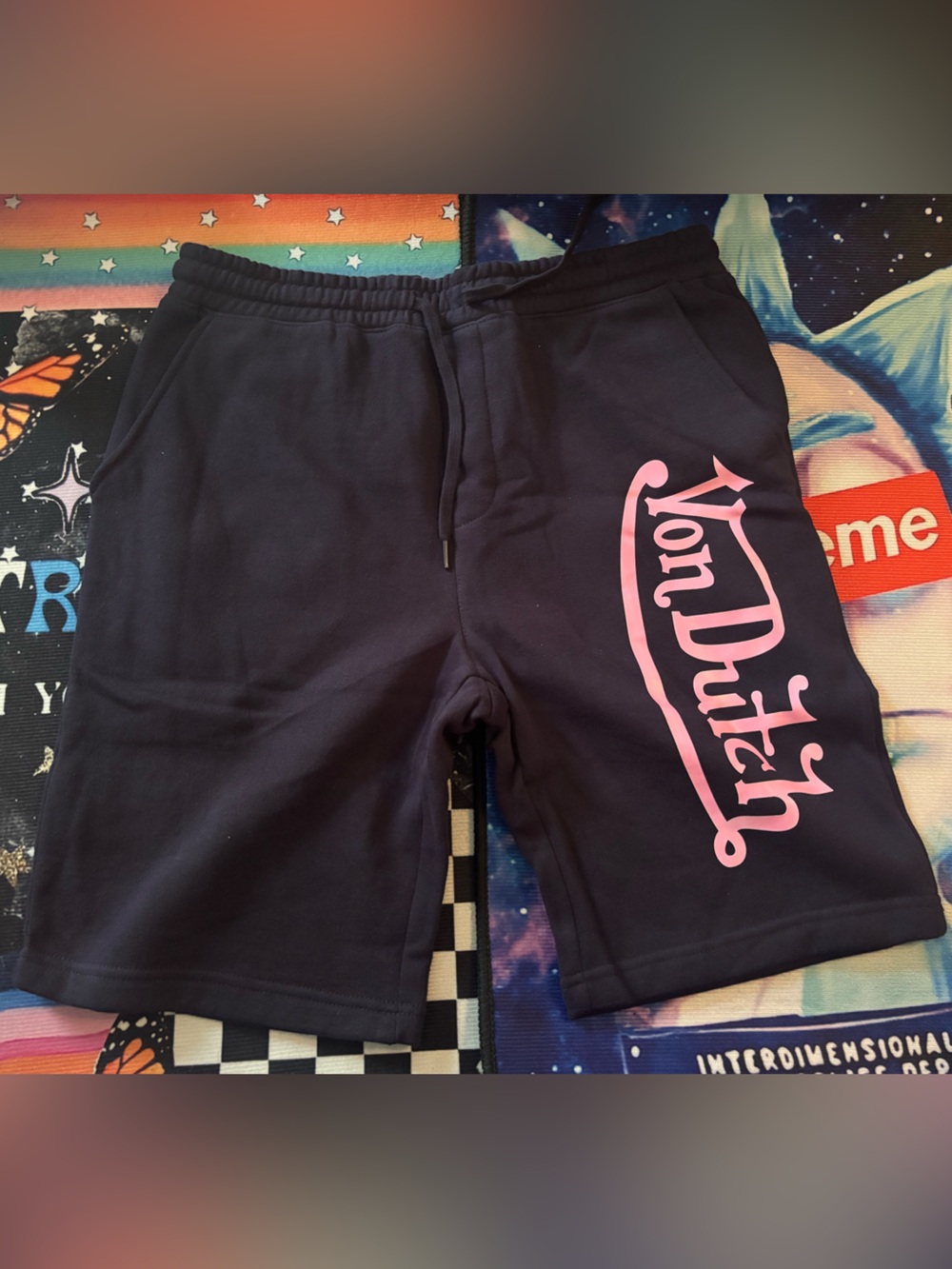 Von Dutch Black Shorts with Pink Logo Print